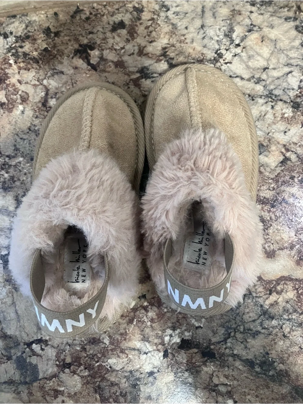 Nicole Miller Girls Faux Fur Slide Sandals - Light Pink & Tan